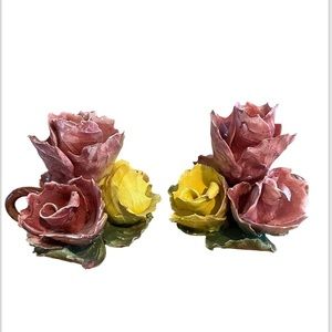 Vintage Pink Roses Pair Of Candle Stick‎ Holders Italian Porcelain 5”T X 6”W